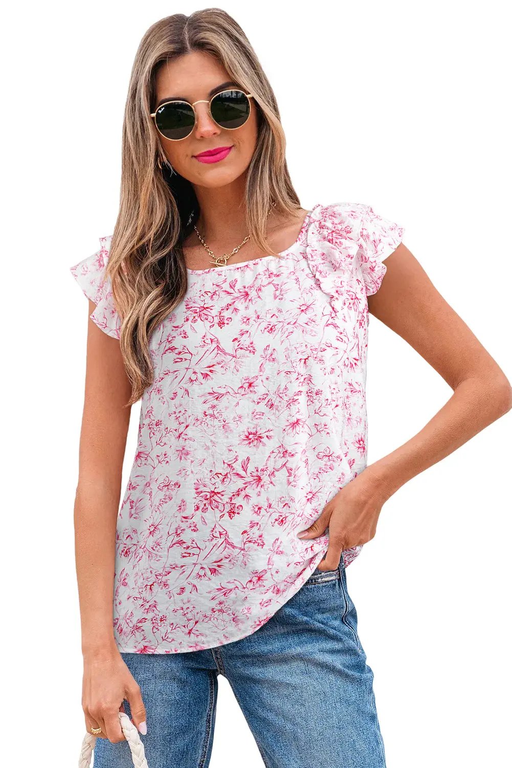 Pink Floral Ruffled Short Sleeve Bow Back Square Neck Blouse Love Salve